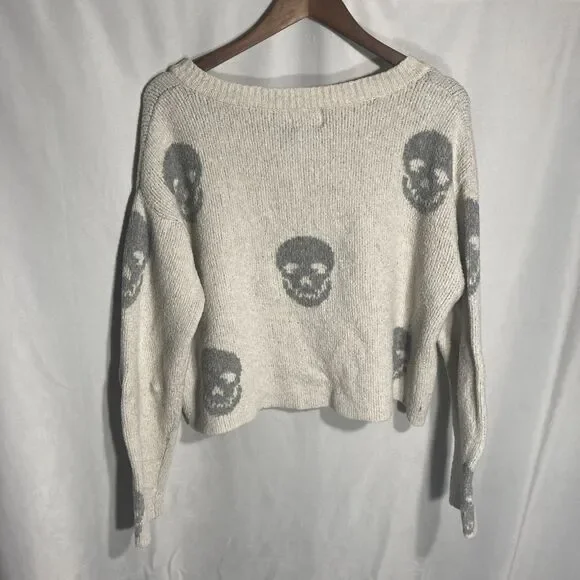 PINK REPUBLIC beige gray skulls long sleeve cropped pullover sweater XL - Picture 7 of 8